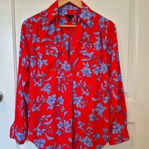 New! Ann Taylor Floral Print Blouse, XS, Red and Blue